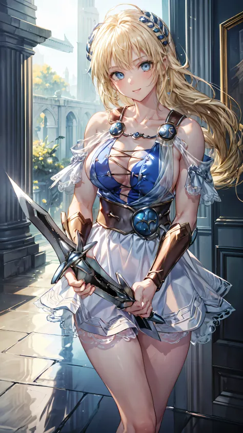 Very detailed、highest quality、Best image quality、masterpiece、8k、Anime Face、A kind smile、Open your mouth、Sparkling blue eyes、(Blonde:1.5)、(holding a two - handed sword:1.5)、Muscles of the whole body、Sophitia Alexandra