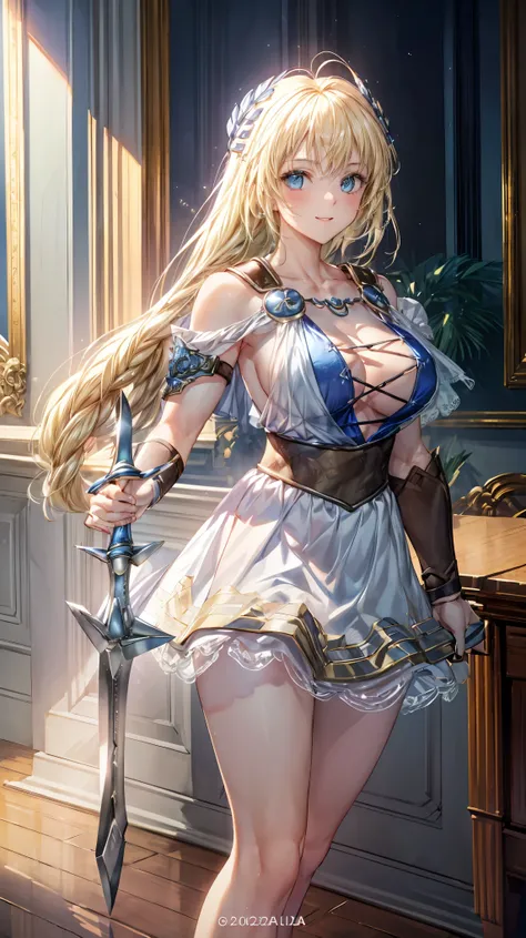 Very detailed、highest quality、Best image quality、masterpiece、8k、Anime Face、A kind smile、Open your mouth、Sparkling blue eyes、(Blonde:1.5)、(holding a two - handed sword:1.5)、Muscles of the whole body、Sophitia Alexandra