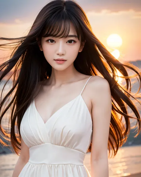 (highest quality, 32k, High resolution, masterpiece:1.5), Beautiful Japanese Girl, Very beautiful face, Full Body Shot, Perfect Human Anatomy, Shiny black hair, Intricately tousled super long straight silk hair, Asymmetrical long bangs, Hair between the ey...