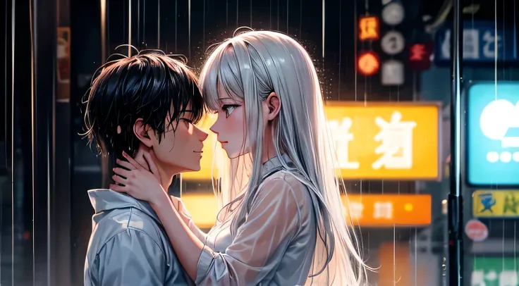 in the rain、Man and woman gazing at each other、Neon Light、Raindrops、Rain-soaked hair、Perfect facial expression、Perfect hair description、