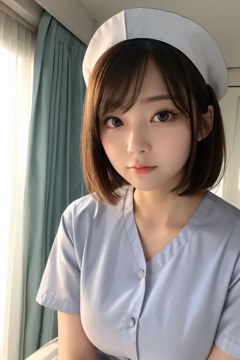 (1 Girl)、(Beautiful Japanese、18years old,round face、Refreshing、clear、seems kind、stylish、Pitiful、cute like an angel、cute、black eyes、,actress,Almond-shaped eyes), Good style , (Beautiful big breasts:1.0),(soft breasts),(very cute),(Blonde),(short bob hair),(...