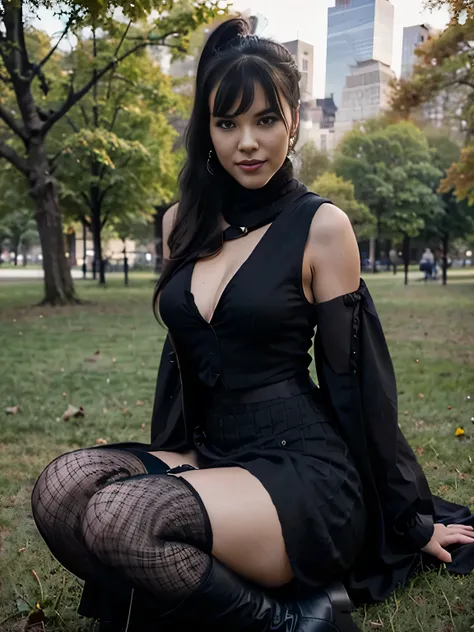 beautiful girl that looks like Bettie page, smile, updo, ponytail hair, black long maxi-skirt(black long maxi-skirt:1.2), black satin gloves,high boots, ((and a long woolen vest )), flirting with the camera, opne legs, hand bag on her shoulders, sitting on...