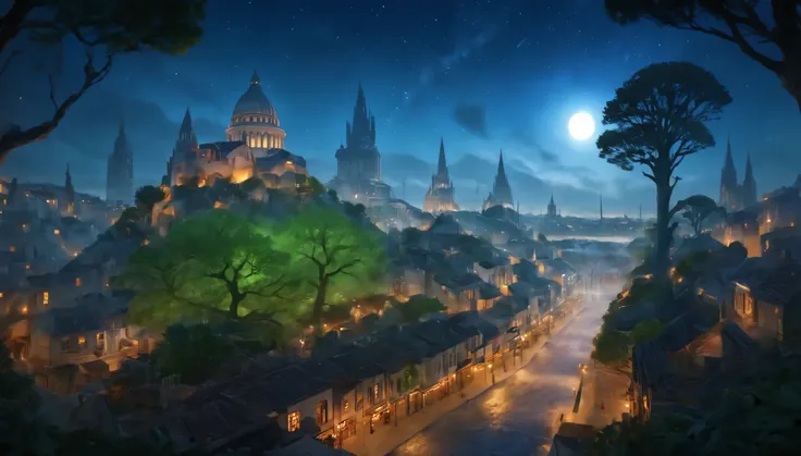 ((ciudad de duendes: 1.5)), (Obra maestra), (mejor calidad: 1.0), (Ultra high resolution: 1.0), detailed illustration, paisaje detallado, vibrante colores, 8k, Noche, nubes lunares, ((magical, hermoso , trees: 1.4 )), ((mejor calidad, vibrante, 32k de luz ...