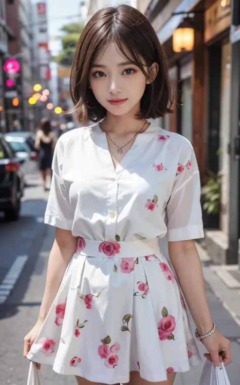 Cute 21 year old Japanese、shopping、Ultra-detailed facial features、Attention to detail、double eyelid、Beautiful thin nose、Sharp Focus:1.2、Beauty:1.4、(Light brown hair、short hair、)、Pure White Skin、highest quality、masterpiece、Ultra-high resolution、(Photorealis...