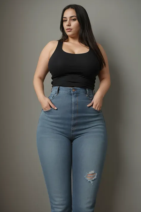 a woman in a black top and blue jeans posing for a picture, skinny waist and thick hips, plus size, beautiful thick female, jeans, blue jeans, jeans and t shirt, casual clothing, plus size woman, wearing tight  clothes, she has a jiggly fat round belly, th...