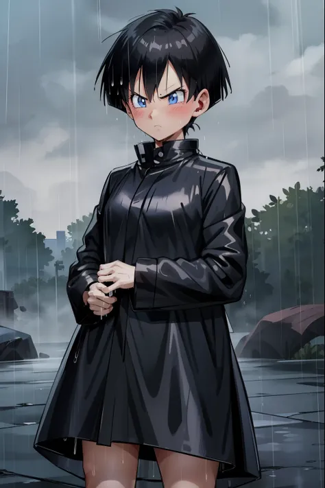 Videl,Long raincoat,Black Raincoat,California city,blush,Wet,Serious face,blue eyes,rain,fog,walk