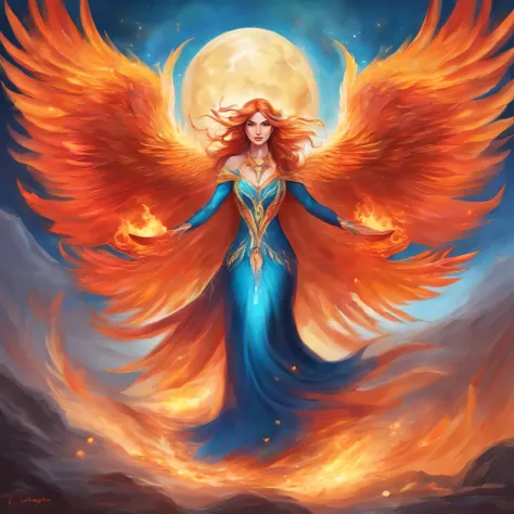 Phoenix Bird, Feminine traits, fiery, Blue eyes, confident, more fire and lava, full length, looks flirtatiously, Ukrainian symbols in clothes and hair, fire from the wings, moon in the sky, symbol of the zodiac sign cancer