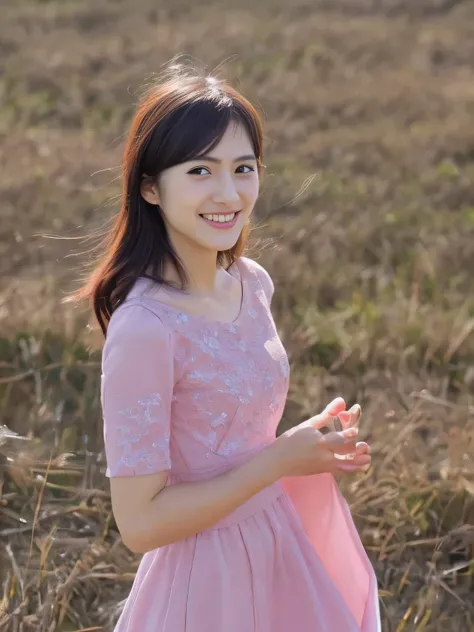 Japanese　beautiful girl　smile　Slim figure　Distinct facial features　Backwards　Cute Woman　Long Hair　Gazing into the distance　Full body photography　Pink dress