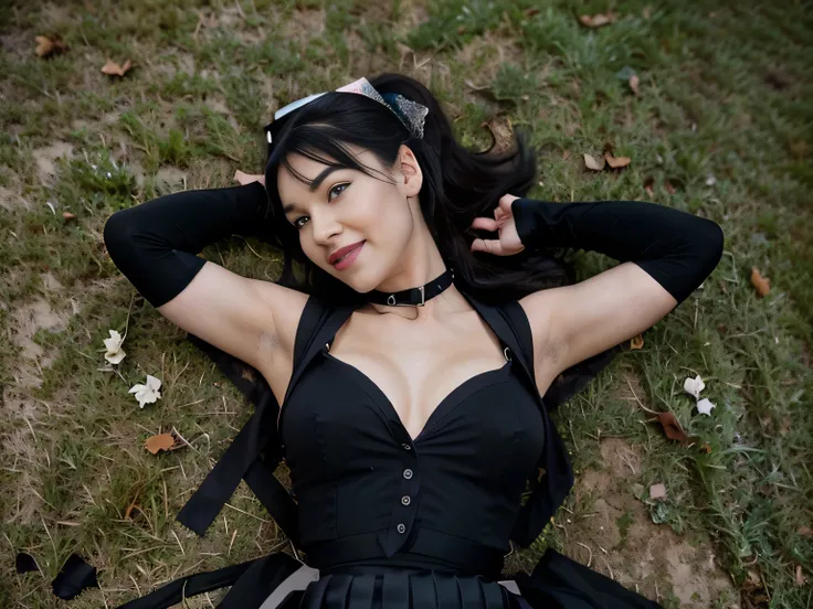 beautiful girl that looks like Bettie page, smile, updo, ponytail hair, black long maxi-skirt(black long maxi-skirt:1.2), black satin gloves,high boots, ((and a long woolen vest )), flirting with the camera, hand bag on her shoulders, lying on teh ground o...