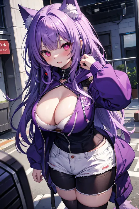 Wolf Woman, Big Breasts, Voluminous purple hair, masterpiece , Red eyes、Double teeth、tooth、Blushed cheeks、 hd, Head to Chest, buried in my chest、Underbust、Cleavage、hoodie、Shorts、Hands in hoodie pockets