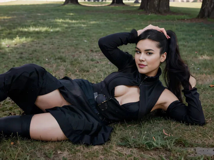 beautiful girl that looks like Bettie page, smile, updo, ponytail hair, black long maxi-skirt(black long maxi-skirt:1.2), black satin gloves,high boots, ((and a long woolen vest )), flirting with the camera, hand bag on her shoulders, lying on teh ground o...