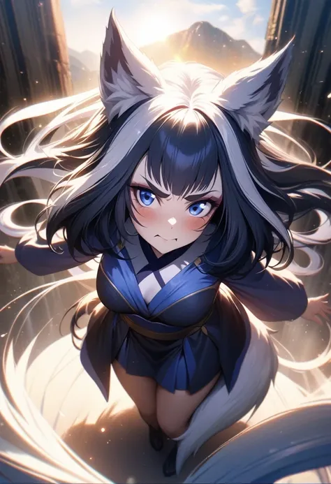 (shylily/(Twich/):1.5),(masterpiece:1.2),(best quality:1.2),, (1girl:1.3),artwork, better quality, ((( Girl with an angry face next to a huge white wolf))), elegant, 1 girl, Wolf ears, Wolf Tail, Lovely, Blushed, Looking at the audience, from above, Wavy H...