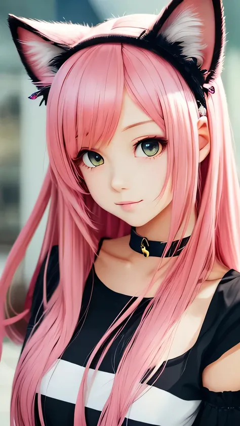 There is a woman with pink hair and cat ears., Very beautiful cute cat girl, Charming cat girl, Real life anime girls, Ultra realistic anime, beautiful Anime cat girl, Anime cat girl, Beautiful young cat girl, Very Beautiful Anime Cat Girl, Surreal , Encha...