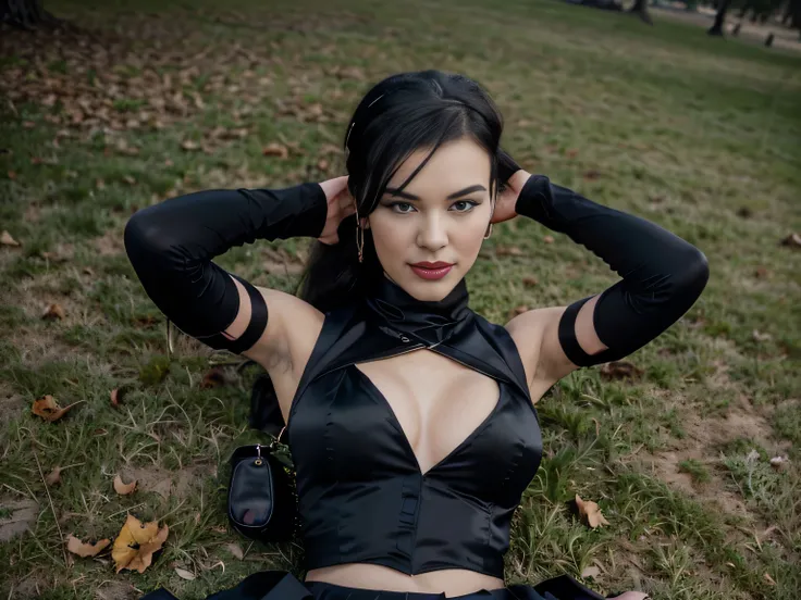 beautiful girl that looks like Bettie page, smile, updo, ponytail hair, black long maxi-skirt(black long maxi-skirt:1.2), ((long black satin gloves)),high boots, ((and a long woolen vest )), flirting with the camera, hand bag on her shoulders, lying on teh...