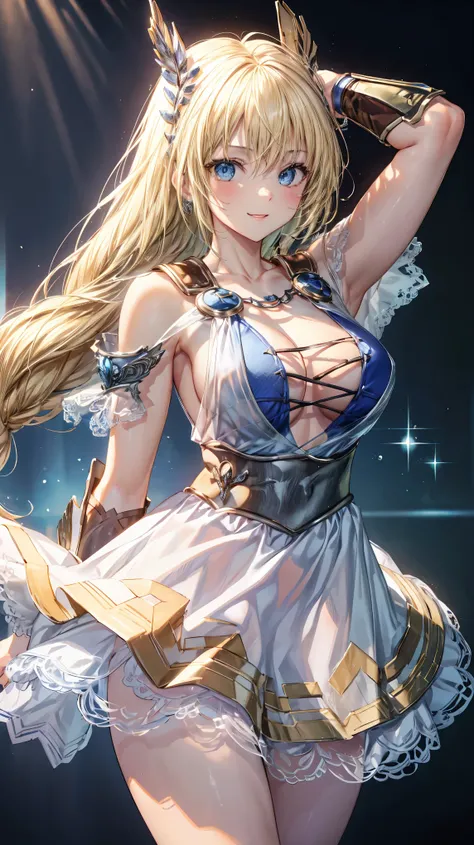 Very detailed、highest quality、Best image quality、masterpiece、8k、Anime Face、A kind smile、Open your mouth、Sparkling blue eyes、(Blonde:1.5)、Muscles of the whole body、Sophitia Alexandra