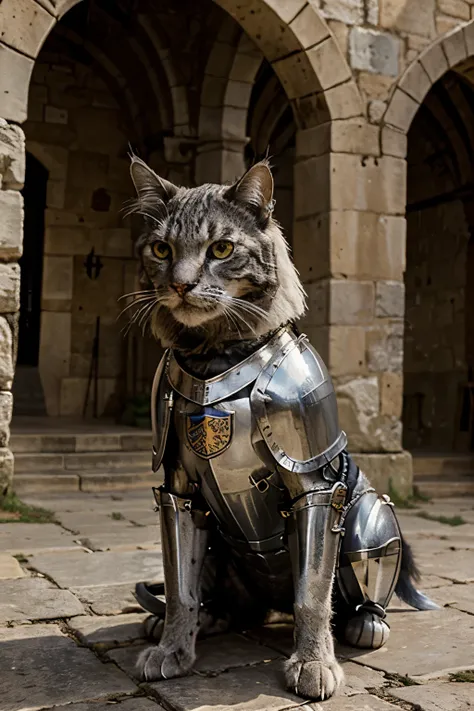 Amidst the clangor of knights battle cries, a feline knight emerges, clad in gleaming medieval armor, its eyes fierce with determination. With agile grace, it prowls the battlefield, a silent guardian defending its kingdom with valor and honor.