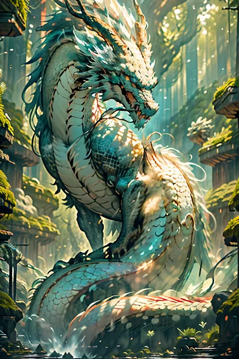 A majestic dragon, its scales glistening in the sun, lies peacefully in the heart of a serene forest. Its enormous body takes up a vast space, its tail curled around as its wings spread wide, a gentle breeze rustling through its golden mane. Beneath the ma...