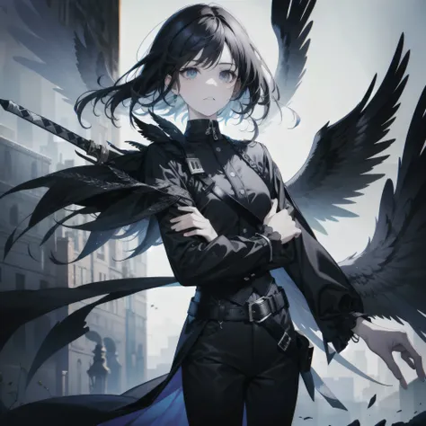 Fallen Angel ６Pieces of black wings Cool look Holding a sword