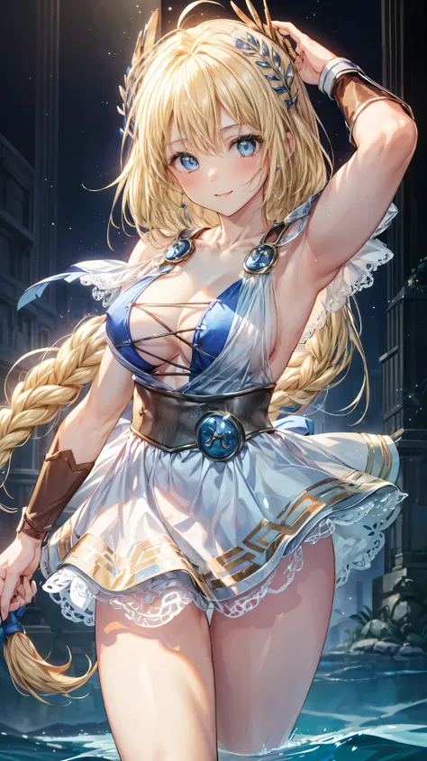 Very detailed、highest quality、Best image quality、masterpiece、8k、Anime Face、A kind smile、Open your mouth、Sparkling blue eyes、(Blonde:1.5)、Muscles of the whole body、Sophitia Alexandra