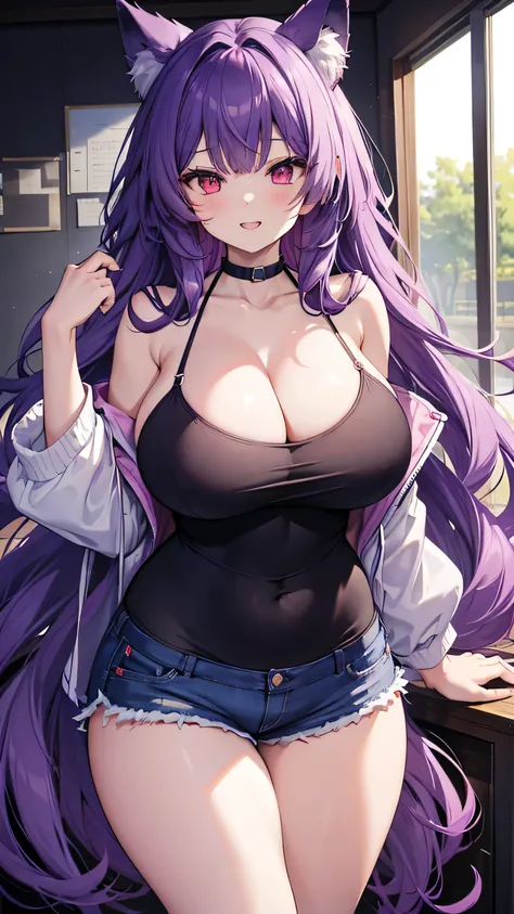 Wolf Girl, Large Breasts, Voluminous purple hair, masterpiece , Red eyes, hd, Thick thighs, Head to Chest, buried in my chest、Underboob、Double teeth、tooth、camisole、Chubby、Grinning、Shorts