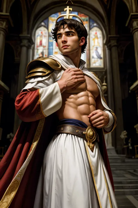 looking back, DariusFerdynand wearing well-fitted sleeveless red and white sheer tight Roman-Catholic-pope robe-armor, looking at viewer, peaceful and righteous expression, dynamic pose BREAK St. Peters Basilica, Vatican, BREAK heroic, religious motifs, Ch...