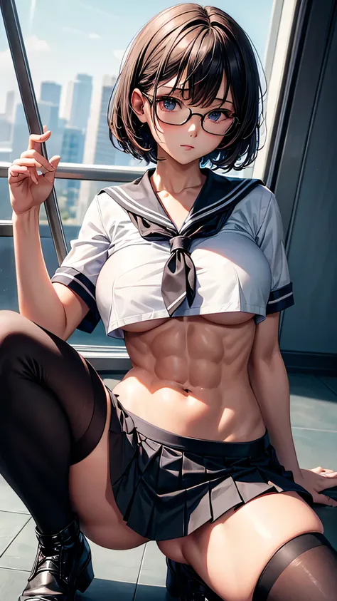 (1 female),(solo),(front),(crouching0.8),(spread legs),BREAK,black short hair,(large breast),(beautiful abs),(muscular legs:1.2),BREAK,black glasses,BREAK,(short sleeved white sailor suit),((hidden nipples)),BREAK,(very short gray pleated skirt), (low rise...