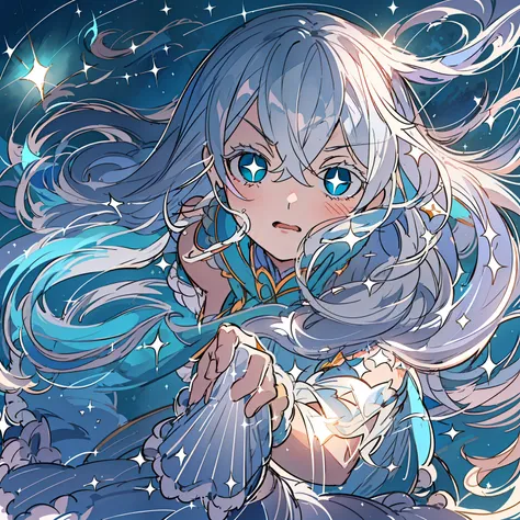 gacha woman with grey hair, beautiful teal eyes,((Gorgeous starry sky background)), ((gacha splash art)) ((Ultra-detailed)), ((Best Illustration)), ((Cinematic lighting)), Dynamic Angle, floating, Finely detailed, (glitters:1.2), (spark of light:1.2), (shi...