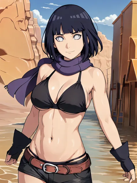 (hinata(boruto), (high quality, anime, heroine, gorgeous smile), ((black cotton bikini top)), ((fingerless gloves, black shorts with belt, black scarf)), (looking at the camera, curvy body, (very slim belly), extremely slim waist, off-shoulders, (big breas...