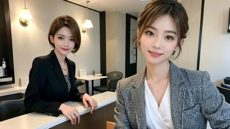 super high quality, Short Hair, Slender, The staff is working at the counter in the back., (8k、RAW Photos、highest quality、masterpiece:1.2), Japanese Idol, Shaggy, Stylish café, Fashion magazine photoshoot, (Realistic、Photorealistic:1.37), Mesh Hair, Normal...