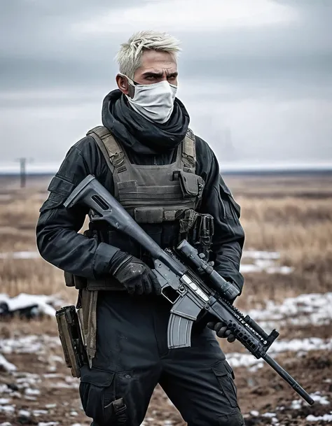 (akós major style), desolate wasteland landscape, futuristic, post-apocalyptic, (a swarthy gangster armed with a barrett m82a1 s...