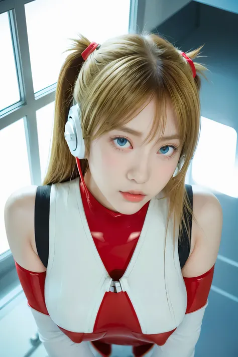 (Overhead view),dynamic angle,ultra-detailed, illustration, close-up, straight on, 1girl, 
 ((souryuu asuka langley, interface headset, red bodysuit:1.4, blonde)),Her eyes shone like dreamy stars,(glowing eyes:1.233),(beautiful and detailed eyes:1.1),(expr...