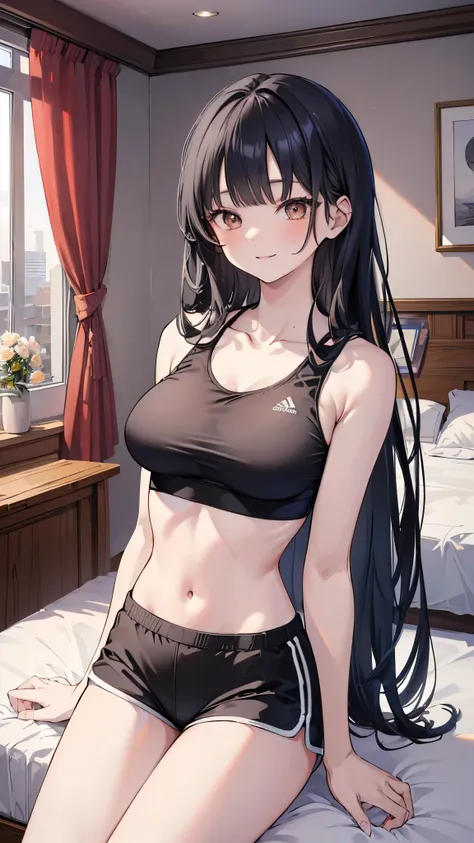 ((masterpiece、highest quality、Super detailed))、One girl、Black Hair、aaanna、long hair、brown eyes、smile、Large Breasts、((white sports bra))、((black sports short shorts))、Cowboy Shot、On the bed、Bedroom Background