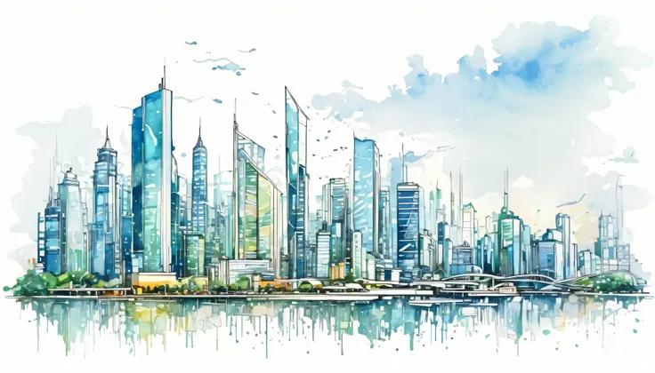 Masterpiece、Cities of the future、Omitted style,Line drawing sketch,Stylish cut, artistic,Scribble style,Clear, bold, thick outlines,,Rough coloring, watercolor painting,