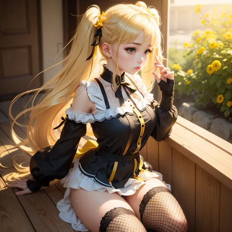 Blonde、Beautiful young woman、Twin tails、Yellow ribbon hair accessory、Realistic beautiful fingers、Black fishnet stockings、Light clothing in summer