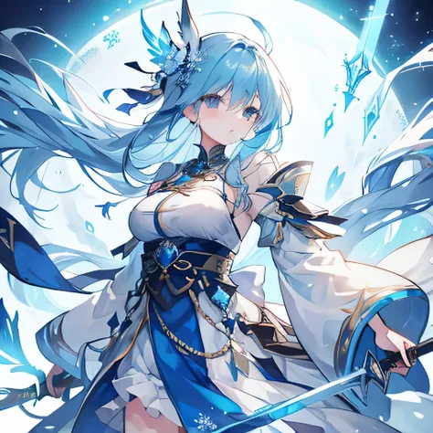 Sky blue hair，Girl holding a giant，Frost，snowflake，Feather earrings，sword，Big sword，Two-handed sword