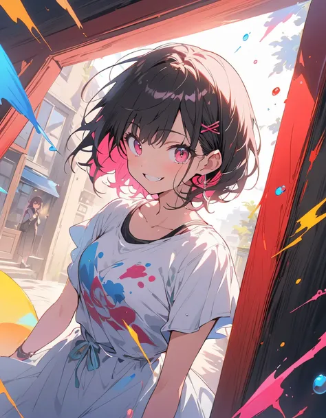 (highest quality、masterpiece、High resolution、detailed)、Anime Style、Flat Style、(Shine eyes、Beautiful Face),  BREAK,1 girl、(Short Bob Hair、Dark pink hair、Light blue inner color、mesh)、Casual Coordination、floating, (High saturation), (Colorful Splash), Colorfu...