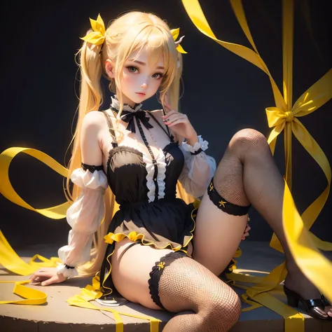 Blonde、Beautiful young woman、Twin tails、Yellow ribbon hair accessory、Realistic beautiful fingers、Black fishnet stockings、Light clothing in summer、Sheer clothing