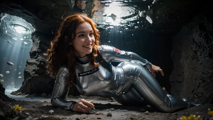 Pretty smiling astronaut girl with thick curly red hair, dressed in wery tight glossy plastic silver jumpsuit with "IKARIE XB1" patch, runs through an science fiction ice cave covered in shells and flowers. Full body photo in dramatic move style, ultra HD,...