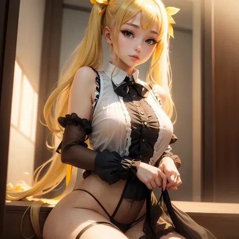 Blonde、Beautiful young woman、Twin tails、Yellow ribbon hair accessory、Realistic beautiful fingers、Black fishnet stockings、Light clothing in summer、Sheer clothing、Attractive clothes