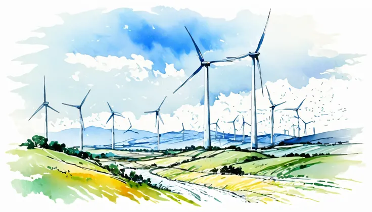 Masterpiece、Wind-power generation,Omitted style,Line drawing sketch,Stylish cut, artistic,Scribble style,Clear, bold, thick outlines,,Rough coloring, watercolor painting,