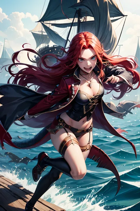 A hybrid between a human and a female shark, it has shark-like features such as a tail, gills, and skin. Long red hair, sharp teeth and clothes. Pirate ship background.