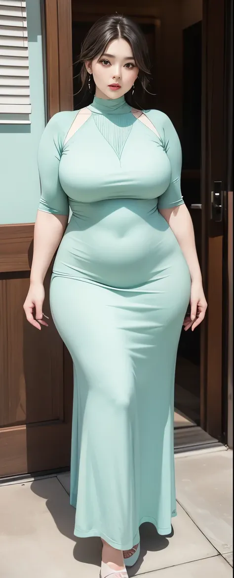 Chubby woman with fat belly and tight thighs, full body, 50-year-old mature woman, thick hips, thick neck, thick chest, big eyes, wearing a longest dress 