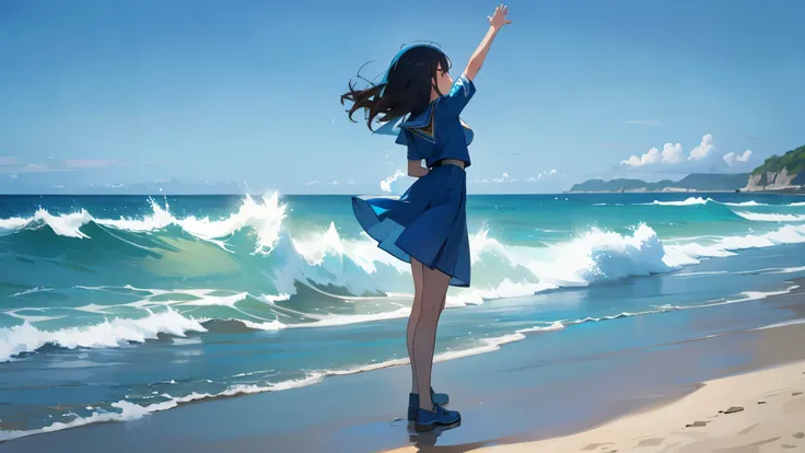 Sandy Beach　A girl with her back turned to the sea　Raising hands to the blue sky　In uniform