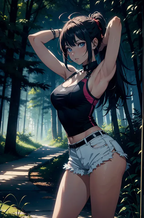 Anime style. In the middle of a large forest in North America a rave is celebrated. Es verano, hace calor, Es de noche y hay hogueras que dan buena luz a la imagen. Una mujer de gran belleza con un look alternativo y pseudo-hippie baila con los brazos abie...