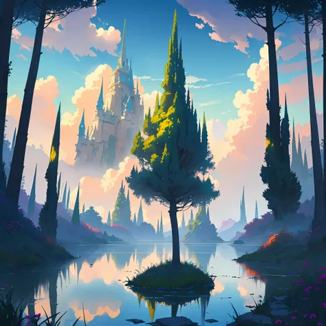 Floating islands in the sky, dreamlike scenery, clouds, light piercing through the clouds, reflections on the water, serene lake surface, tranquil atmosphere, detailed richness, surreal beauty, magical aura, fantasy landscape, high quality digital art, vib...