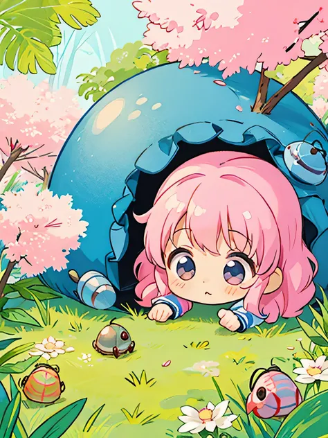 Momoko Sakura style, Kawaii Design, Chibi, beautiful spring afternoon、Lots of friendy pillbugs、lovely colorful pillbug, home