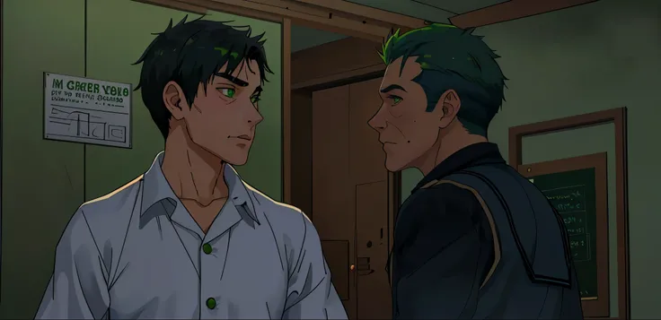 There is a 16-year-old boy with green hair, green eyes, and a 40-year-old man from the school who threatens him and intimidates him.