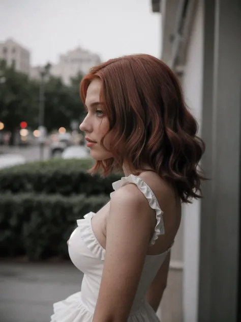  side view. From eyes to feet, model pose,  red-haired slim model, perfect face, centered, eye level view, strong bokeh, Fashion photo,  with big breasts, hourglass figure,  in a cute teenage dress with ruffles,  skin pores, wide angle 20mm f/11 on kodak e...