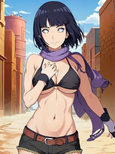 (hinata(boruto), (high quality, anime, heroine, gorgeous smile, slim body), ((black cotton bikini top)), ((fingerless gloves, black shorts with belt, black scarf)), (looking at the camera, curvy body, (very slim belly), extremely slim waist, off-shoulders,...