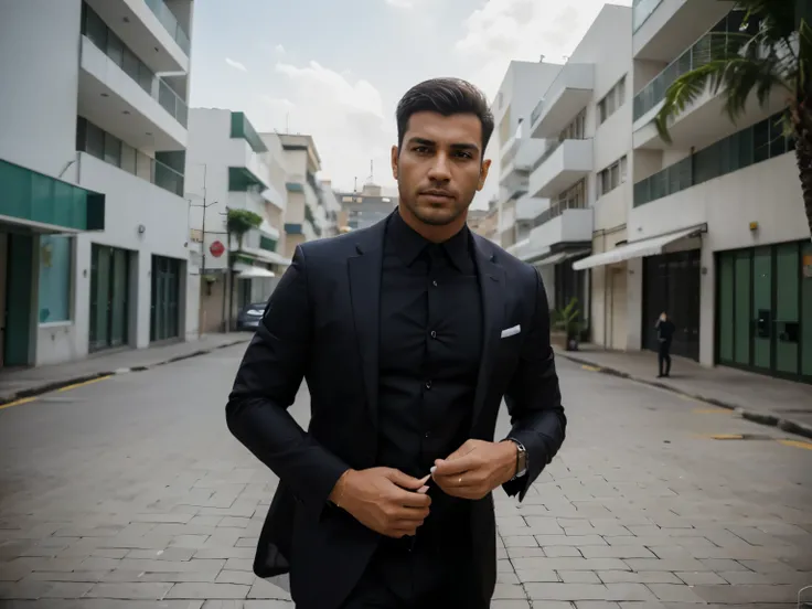 melhor qualidade, ultra high resolution, (fotorrealista:1.4), homem, brasileiro, businessperson, bem vestido, elegante, terno preto, semblante calmo e focado